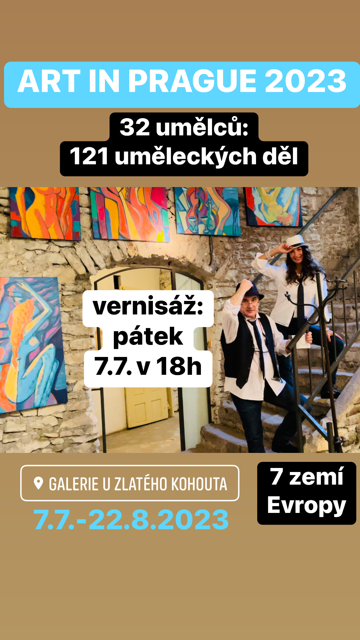 Organizátorka projektu ARISTA ART Zuzana Křováková a akademický malíř Rumen Sazdov (Bulhrasko) v Galerii U Zlatého Kohouta na instalaci Mezinárodní výstavy ART IN PRAGUE 2023